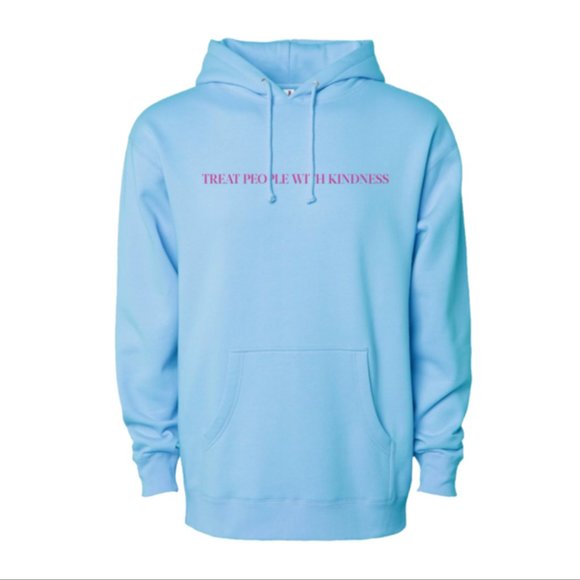 Harry Styles Tops - Harry Styles Treat People With Kindness Light Blue Hoodie with Pink Lettering